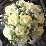 Rose, gyp and euc wedding bouquet hand-tied